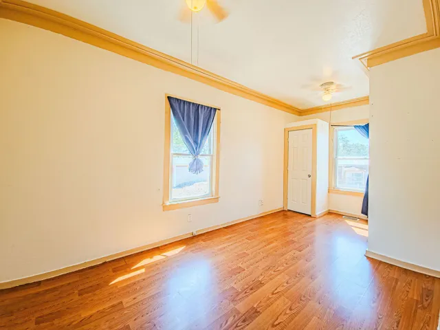 Lot's of light! wood-finish flooring, crown molding, double windows, ceiling fan, and a paneled door