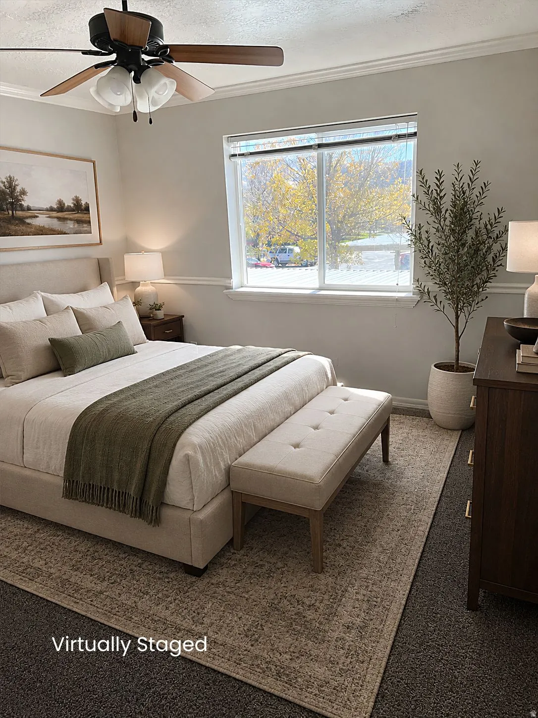 Window with natural light, crown molding, ceiling fan, and carpeted flooring