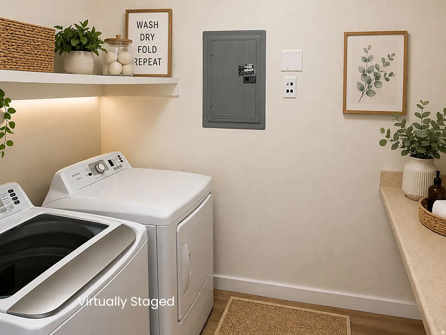 White floating shelves with integrated under-shelf lighting