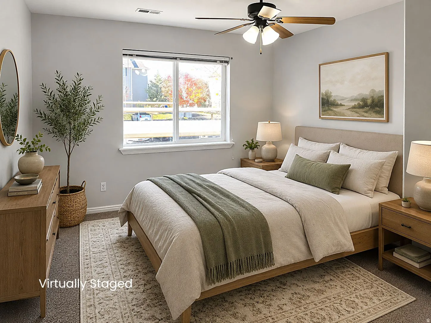 Recessed lighting, ceiling fan with light fixture, large window, carpet flooring, and neutral wall tones