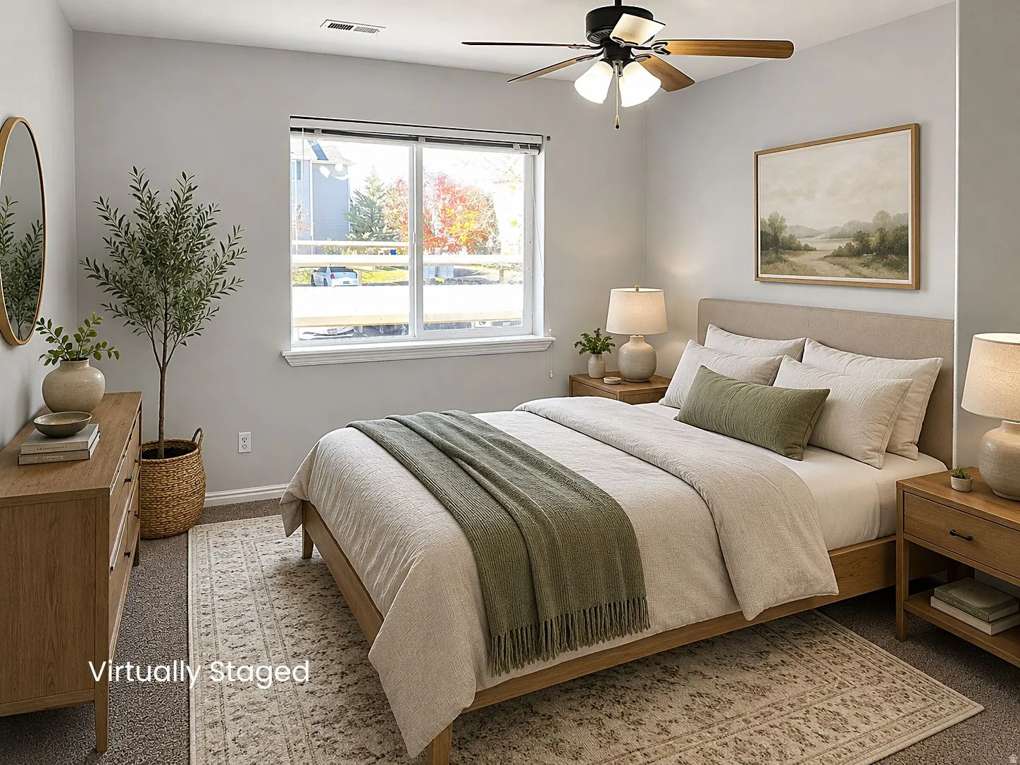 Ceiling fan with wooden blades, window with white trim, wall-to-wall carpeting, light gray wall paint, and recessed lighting