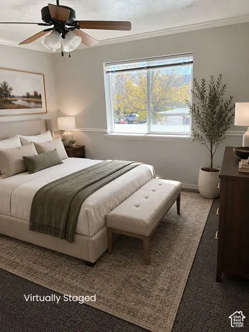 Window with natural light, crown molding, ceiling fan, and carpeted flooring