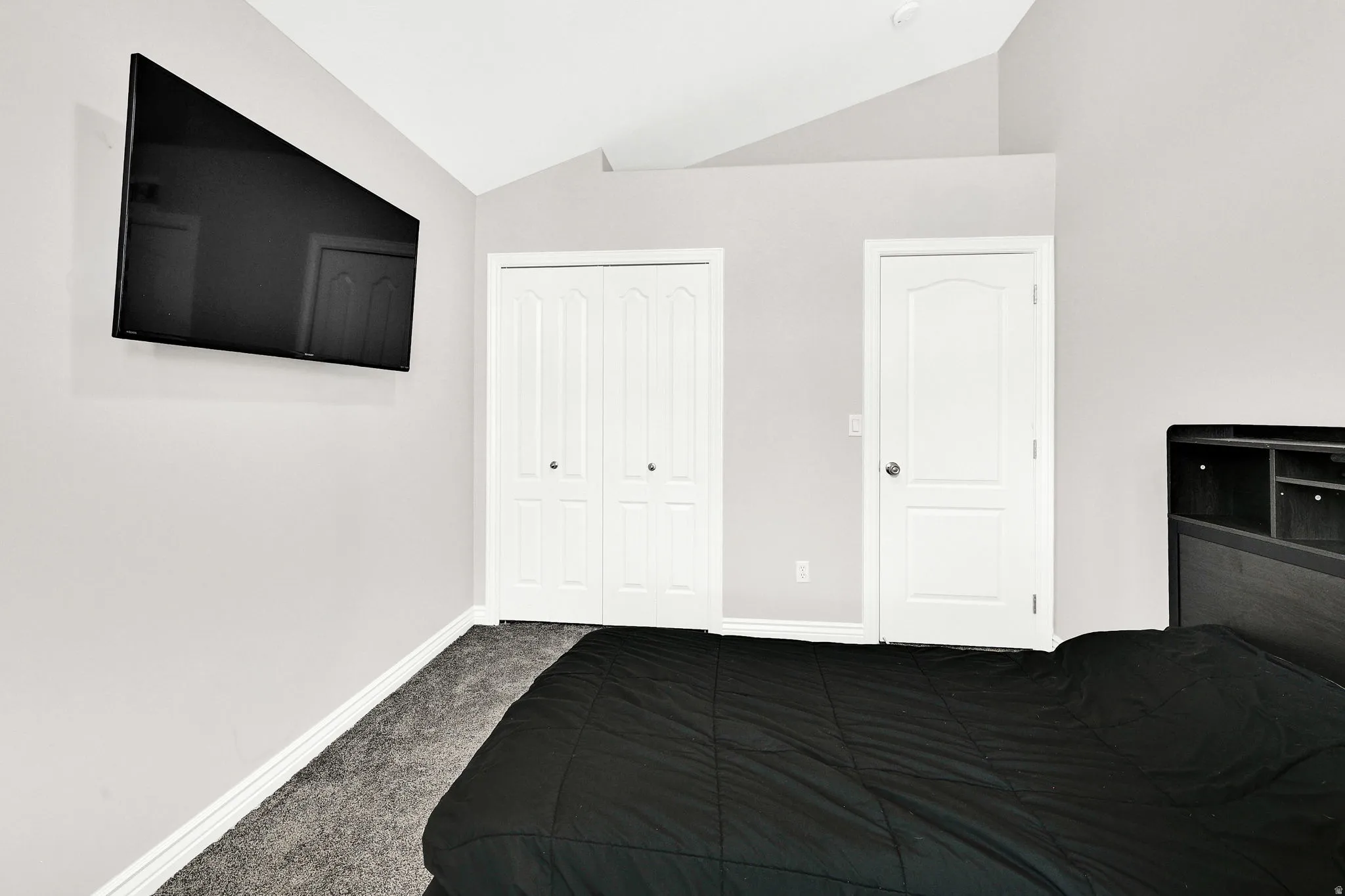 Carpeted flooring, vaulted ceiling, white paneled doors, and a built-in wall-mounted television