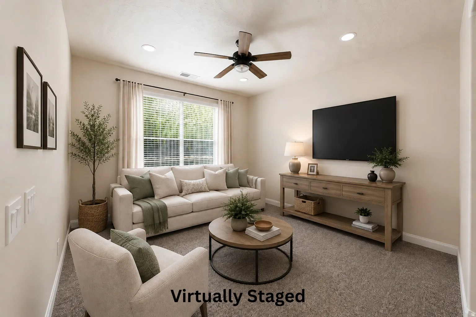 Recessed lighting, ceiling fan, large window with blinds, wall-mounted television, and neutral wall color
