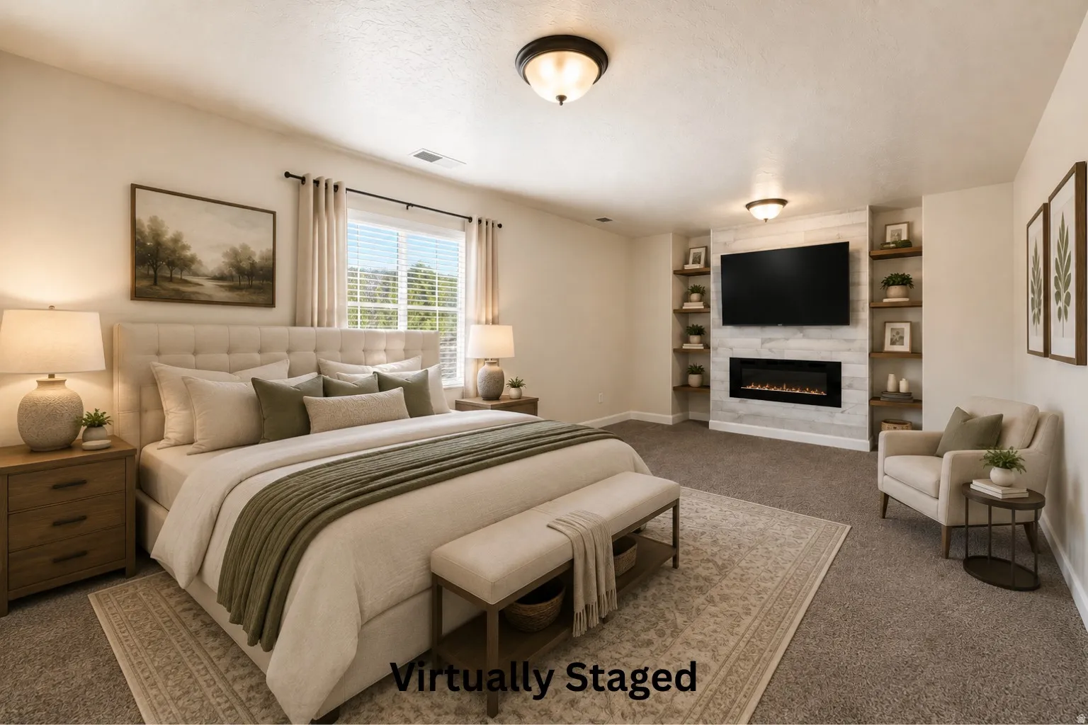 Recessed wall feature with an electric fireplace, television, and built-in shelving, complemented by a window with horizontal blinds and a fabric headboard
