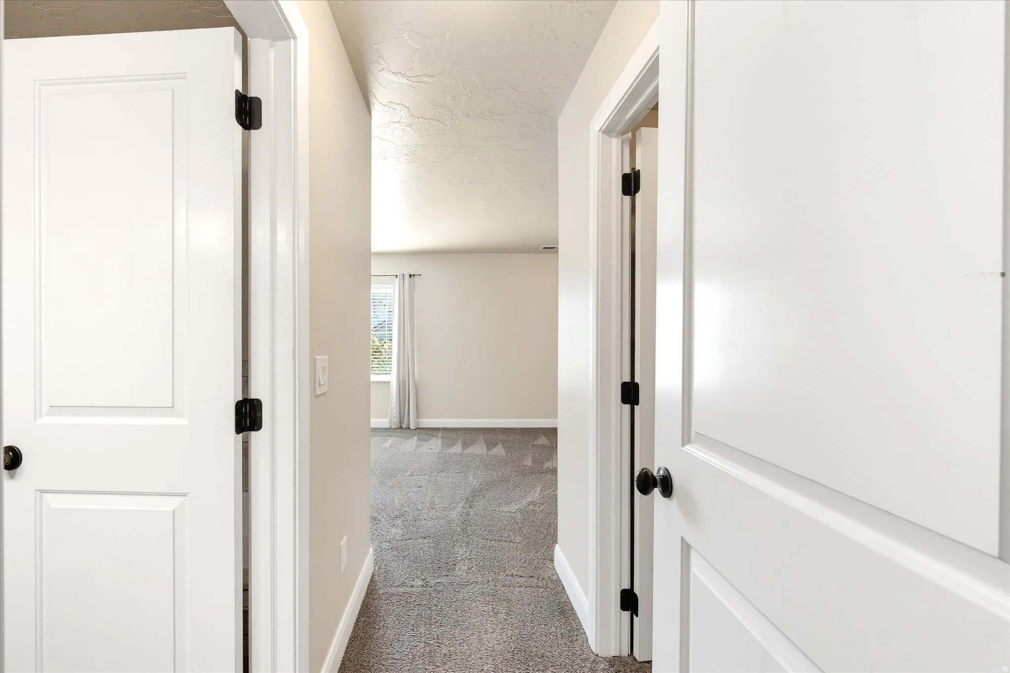 White paneled doors with black hardware, neutral wall tones, and carpeted flooring
