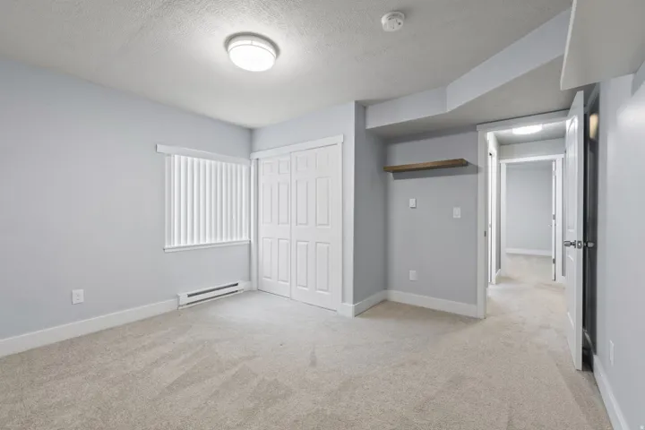 Light gray wall paint, carpeting, bi-fold closet doors, horizontal window blinds, and overhead lighting fixture