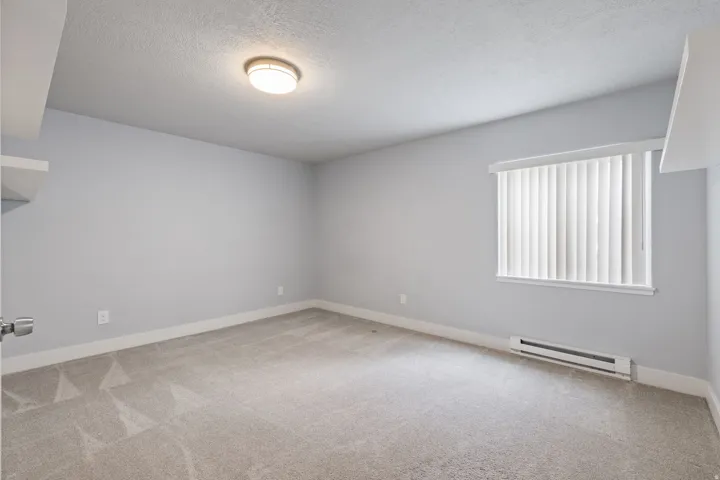 Neutral gray wall paint, light gray carpeting, window with vertical blinds, ceiling-mounted light fixture, and white trim
