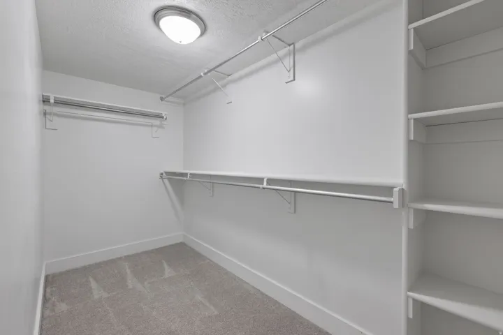 Walk-in closet featuring built-in shelving, multiple hanging rods, and recessed lighting, all set on a carpeted floor