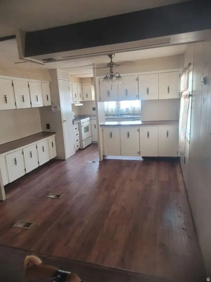 Wood-finish flooring throughout, with white cabinetry and light-colored countertops