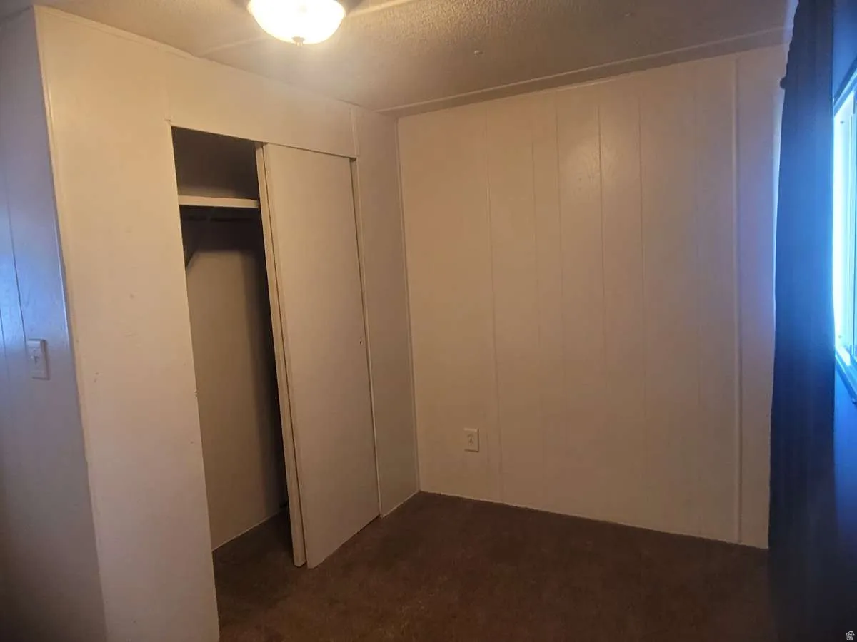 Room with neutral-toned carpeting, paneling-style walls, and a built-in closet with sliding doors