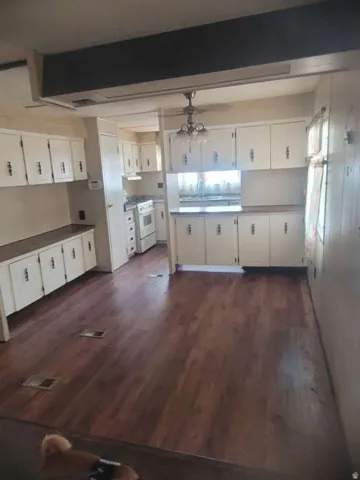 Wood-finish flooring throughout, with white cabinetry and light-colored countertops