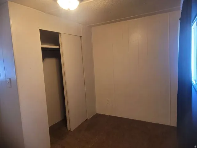 Room with neutral-toned carpeting, paneling-style walls, and a built-in closet with sliding doors