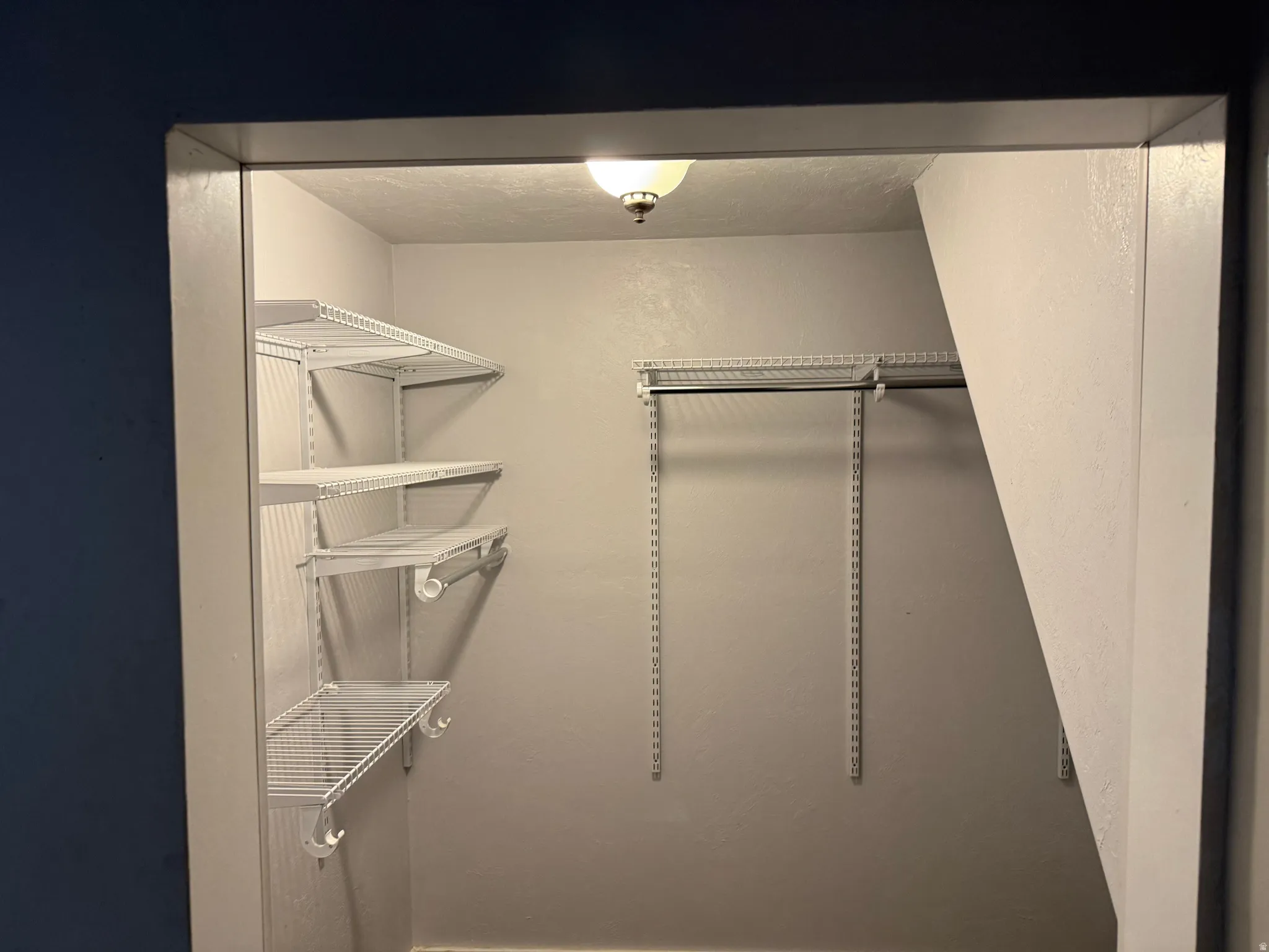 Built-in wire shelving, integrated hanging rods, and overhead lighting