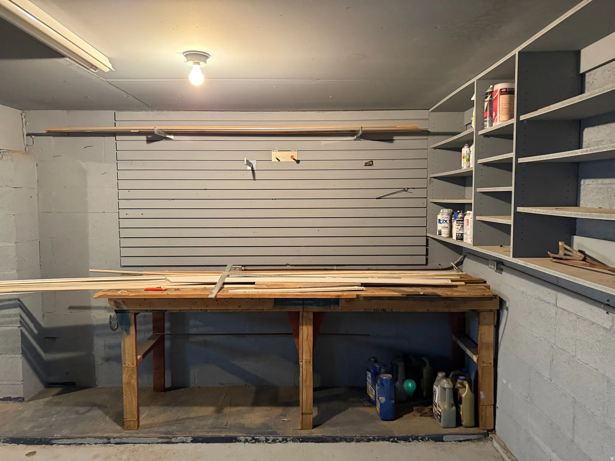 Built-in shelving, concrete block walls, and overhead lighting