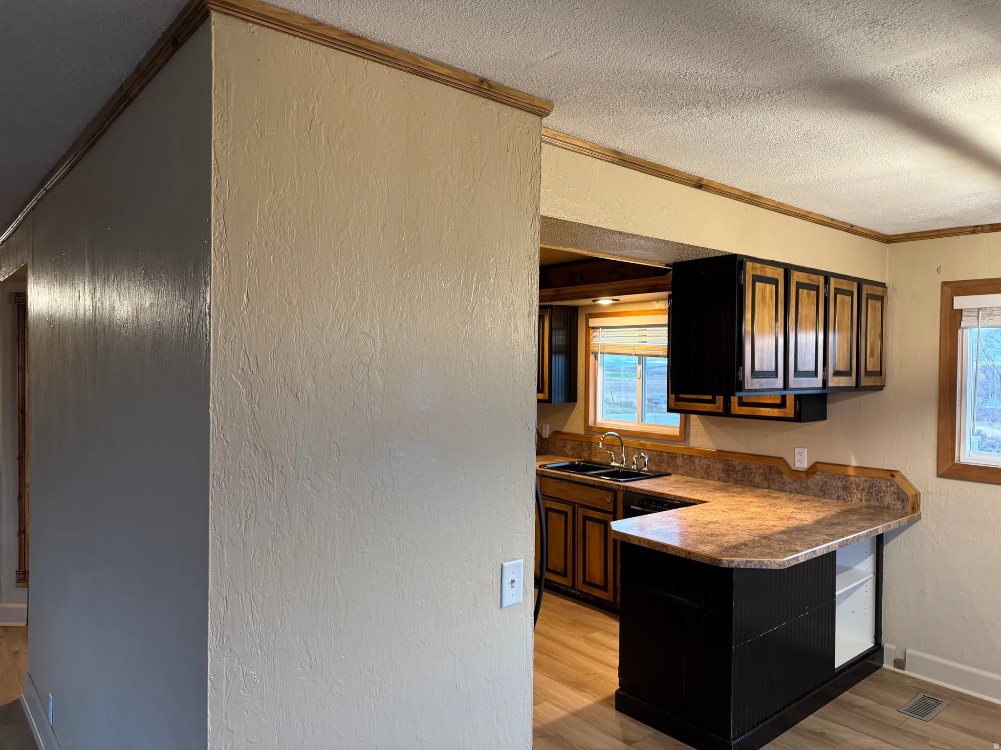 Kitchen featuring wood-finish flooring, dark cabinetry with wood paneling, L-shaped laminate countertops with a raised breakfast bar, and a double basin sink