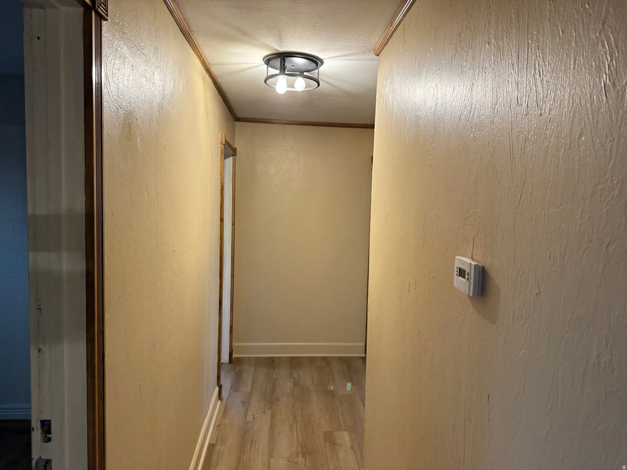 Hallway featuring wood-finish flooring, a ceiling-mounted light fixture, and a wall-mounted thermostat