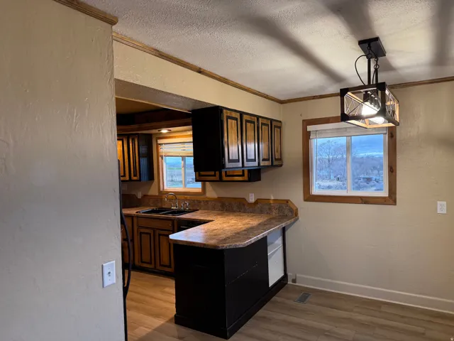 Wood-finish flooring, wood-framed window, pendant light fixture, wood-detailed cabinetry, and a built-in breakfast bar