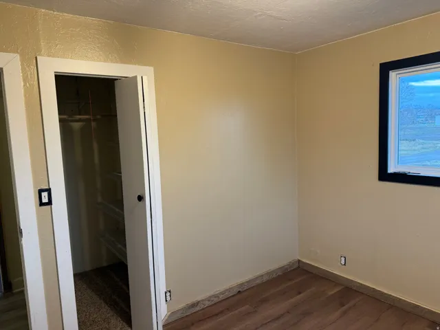 Wood-finish flooring, neutral wall color, built-in closet shelving, and a black-framed window