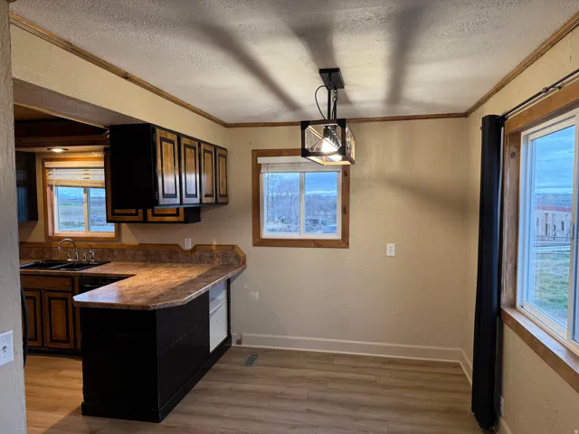 Wood-finish flooring throughout, complemented by a suspended light fixture with a geometric frame