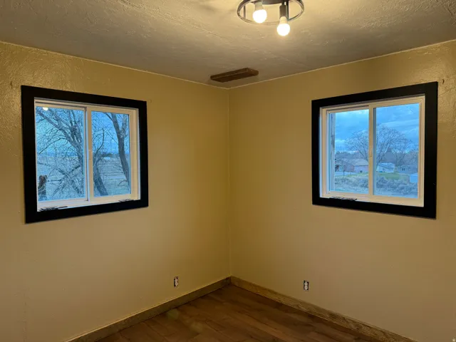 Wood-finish flooring, two windows with contrasting trim, and an overhead flush-mount light fixture