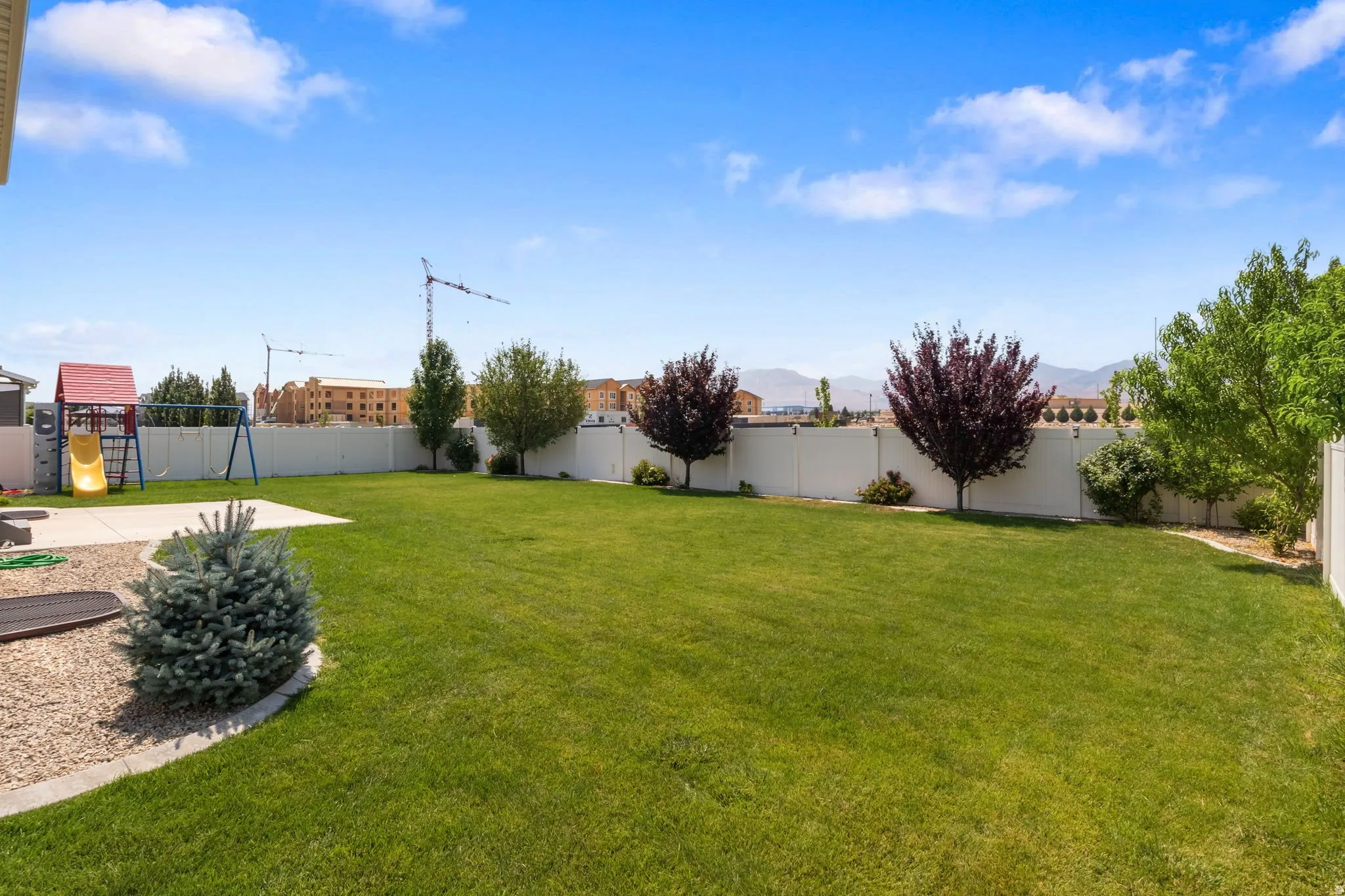 Expansive backyard featuring a manicured lawn, concrete patio, and mature trees