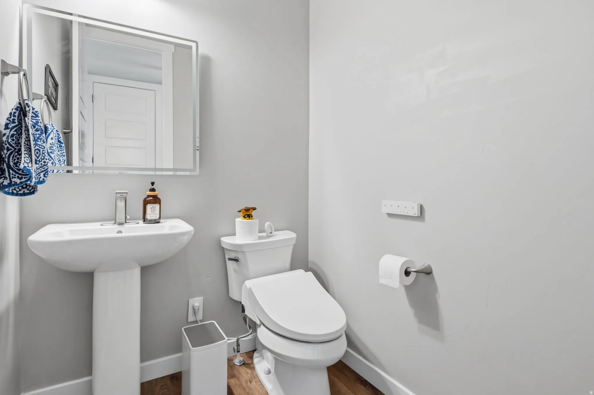 Pedestal sink with a contemporary faucet, rectangular mirror, and wood-finish flooring