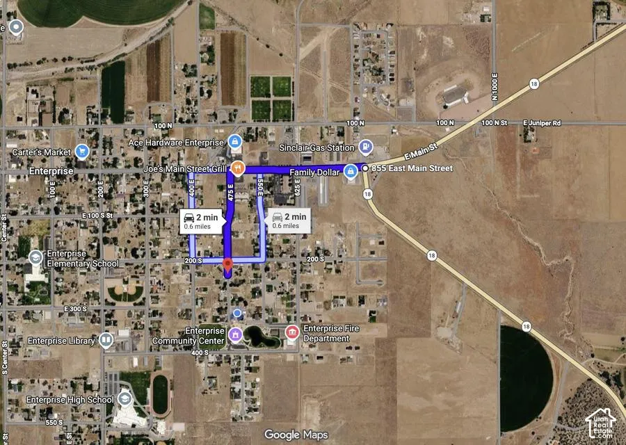 Google Maps route. Displaying a calculated route within the Enterprise area, showing travel time and distance for the property