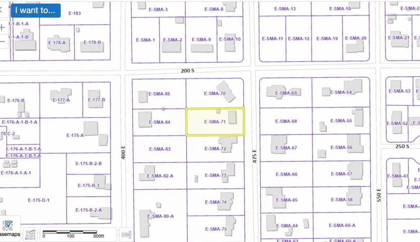 Plat Map, Parcel E-SMA-71 Highlighted. Illustrating the spatial arrangement of properties and structures within a designated area