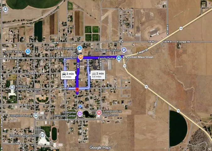 Google Maps route. Displaying a calculated route within the Enterprise area, showing travel time and distance for the property