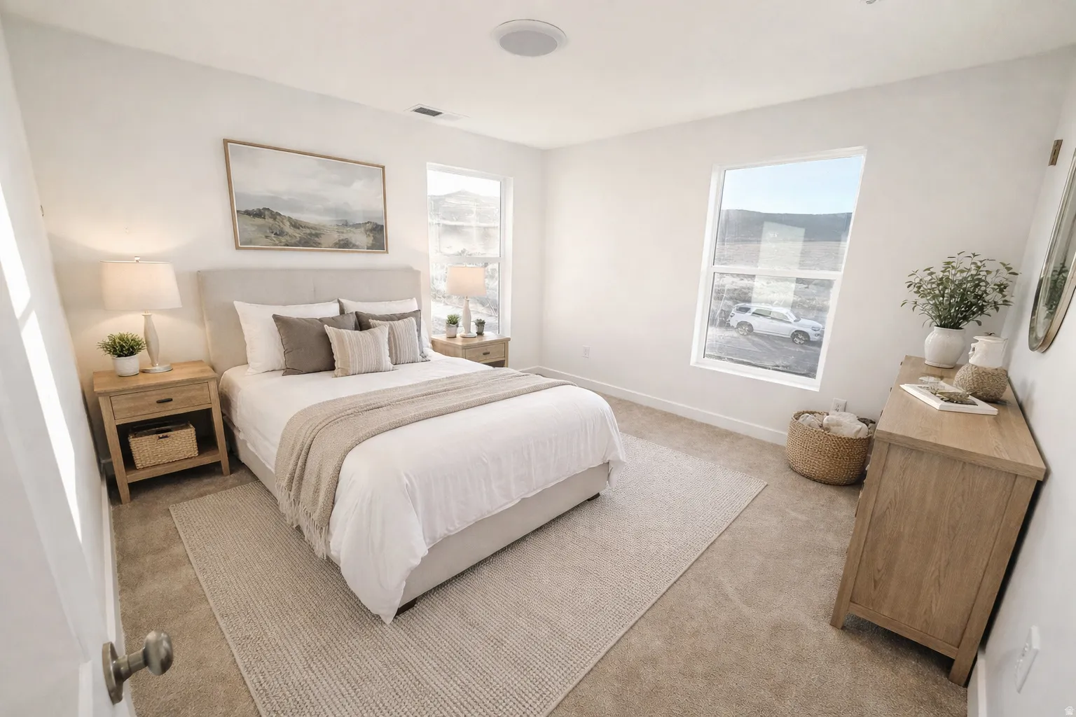 Neutral paint palette, two large windows, recessed lighting, carpet flooring, and a built-in upholstered headboard