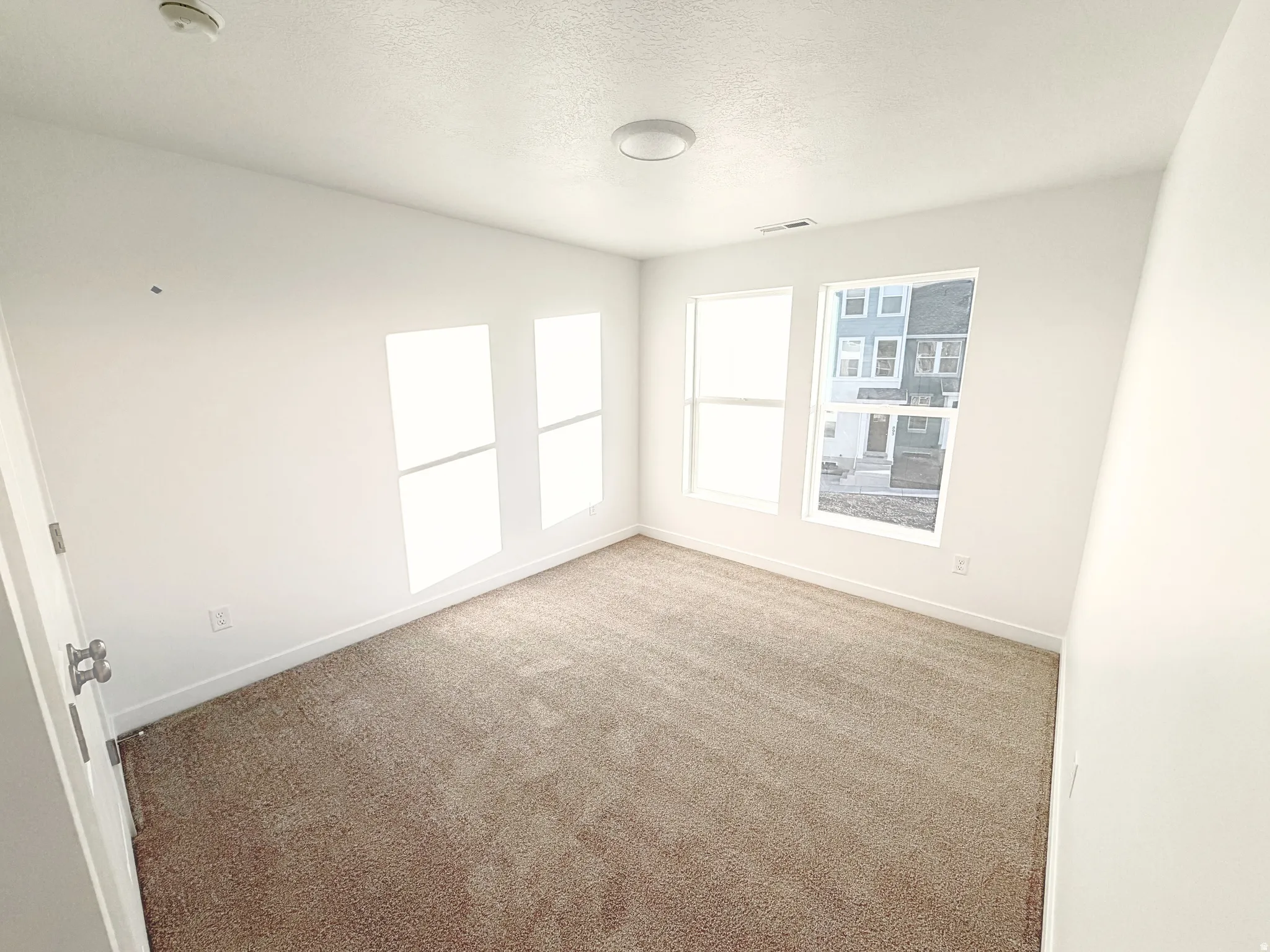 White painted walls, carpeted flooring, multiple windows, and a ceiling-mounted light fixture