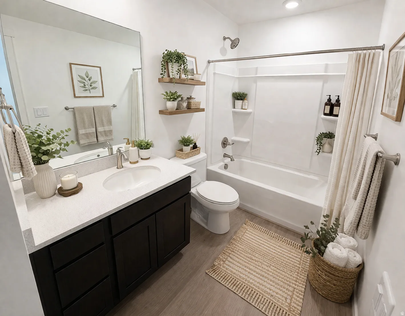 Contemporary vanity with dark cabinetry and light-toned countertop