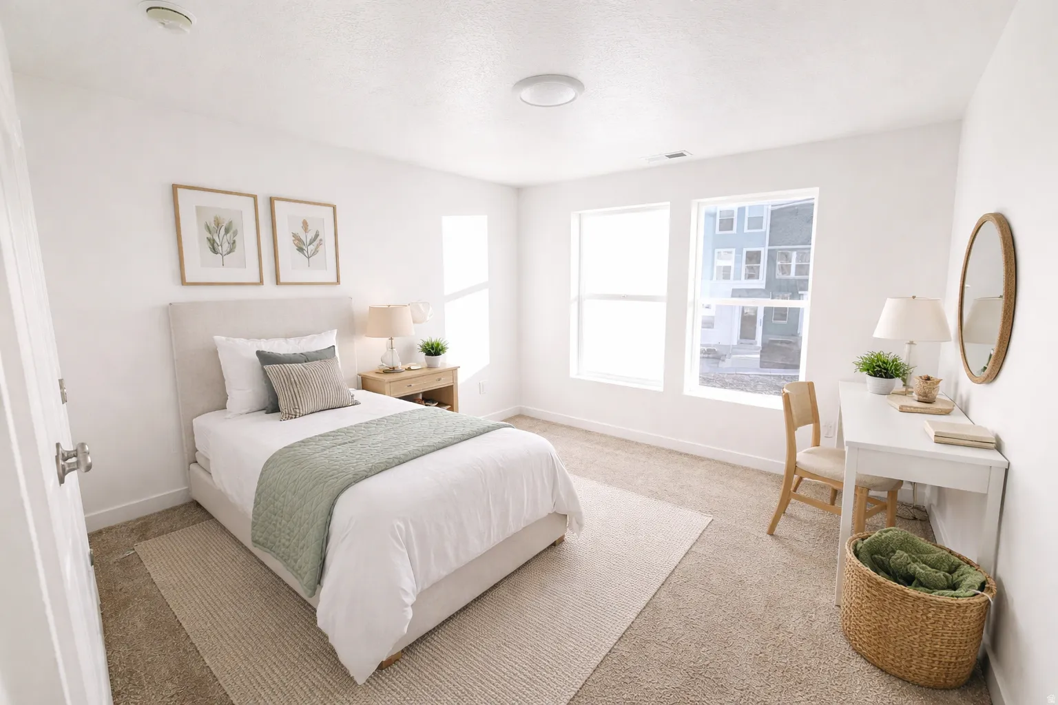 Bright room featuring carpeted flooring and multiple windows