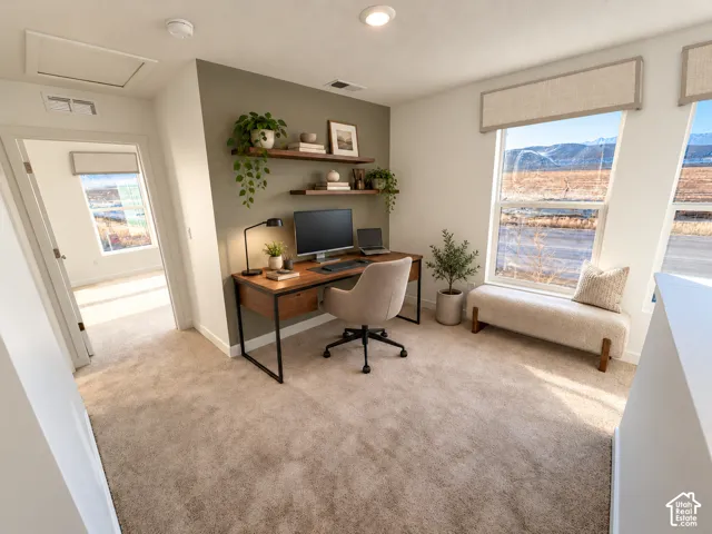 Accent wall with two floating wood shelves, neutral carpeting, and large windows with mountain and landscape scenery