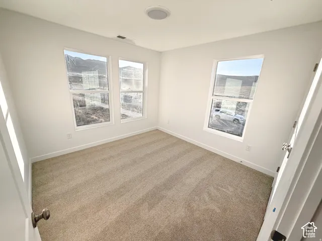 Light-filled interior space with neutral-toned carpet flooring