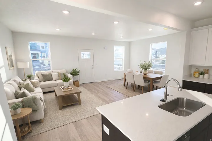Open-concept living space featuring wood-finish flooring, recessed lighting, and ample natural light through multiple windows