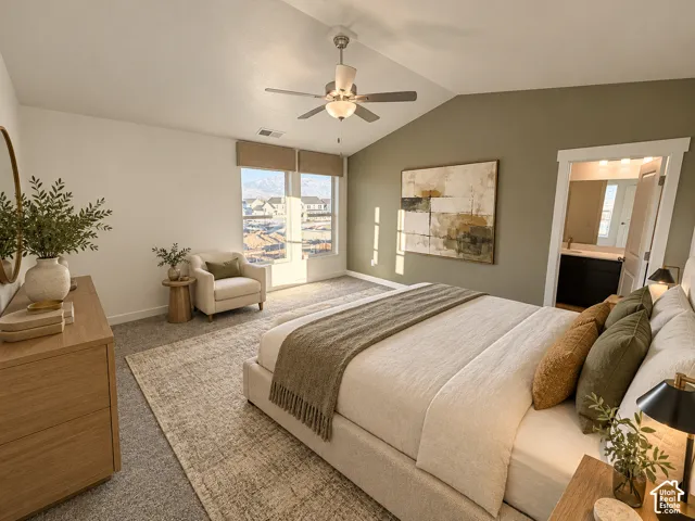 Vaulted ceilings, carpeted flooring, a ceiling fan with integrated lighting, and large windows with mountain scenery