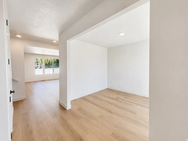 Recessed lighting, wood-finish flooring, white walls, and a wide entryway