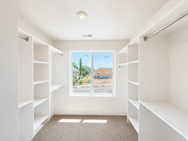 Walk-in closet with built-in shelving, hanging rods, and a window