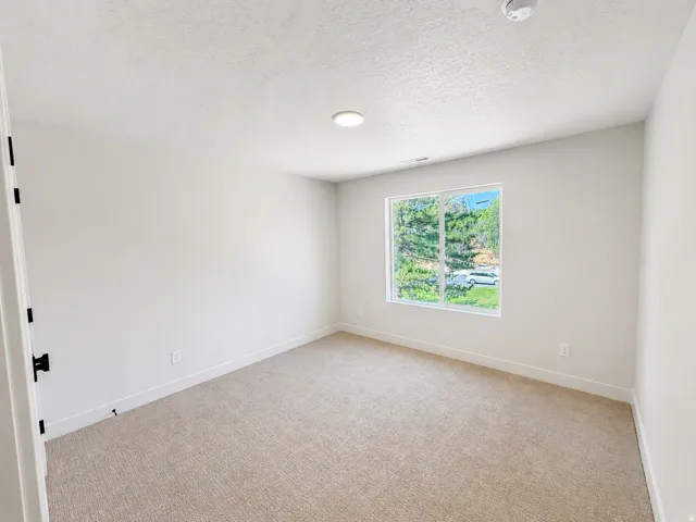 Recessed lighting, neutral carpeting, white trim, and a large window