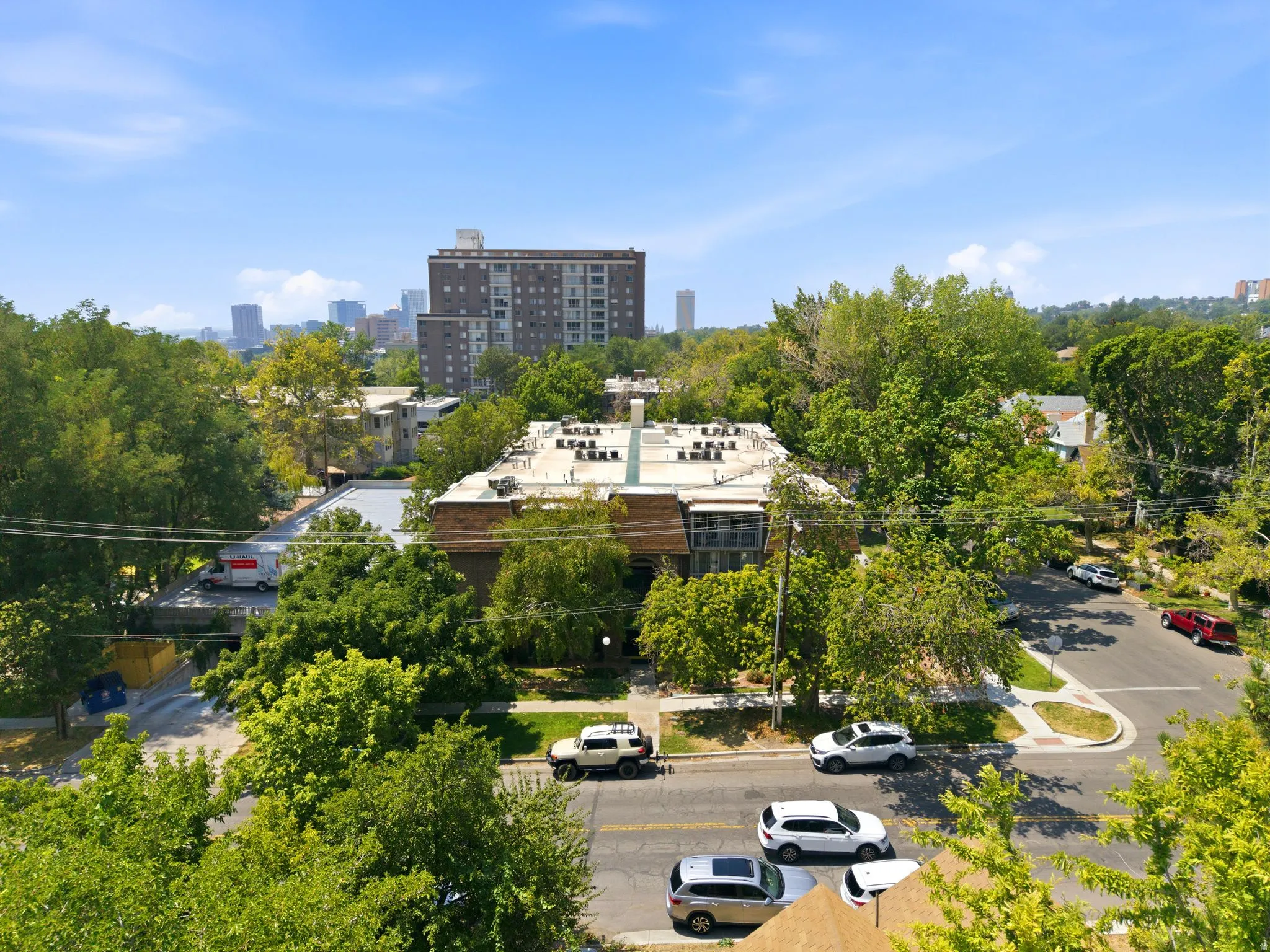 City skyline backdrop with established urban landscaping
