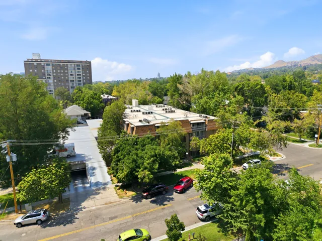 Multi-story building with a flat roof, surrounded by mature trees