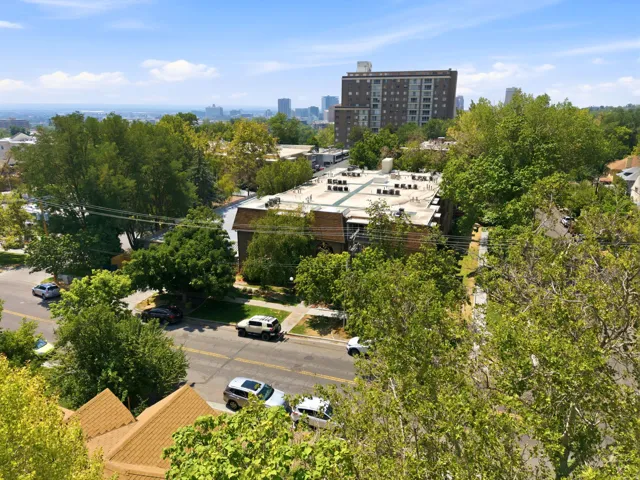 Urban setting with a distant cityscape, surrounded by mature trees