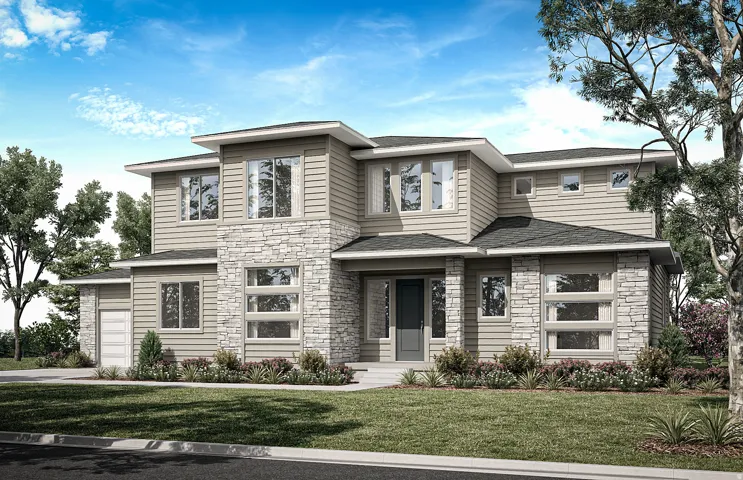 Contemporary architectural style featuring stone veneer and horizontal siding
