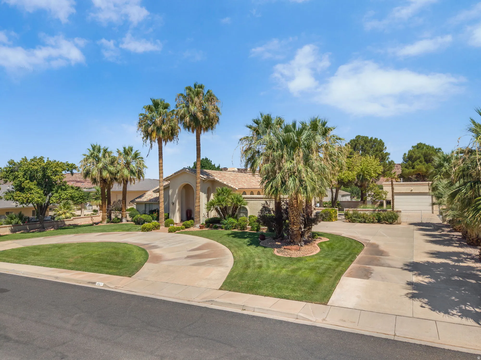 Circular concrete driveway with mature palm trees