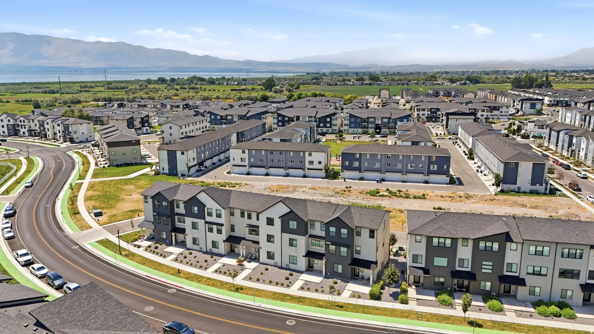 Modern townhome community with a contemporary architectural style and diverse exterior finishes
