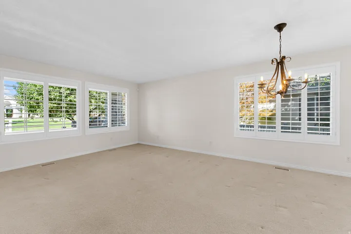 Expansive room with neutral carpeting, multiple large windows, white window frames, and plantation shutters