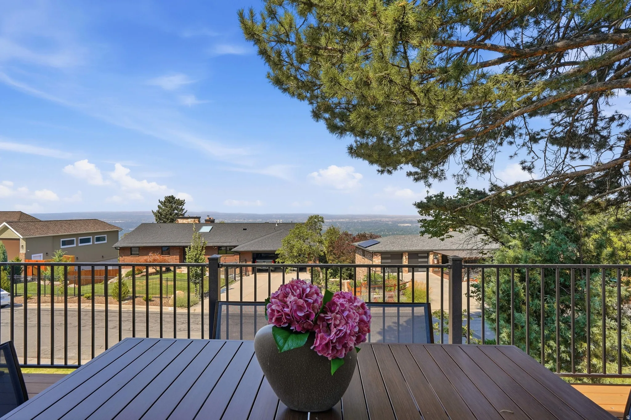 Composite decking with black metal railings, offering an elevated outdoor space