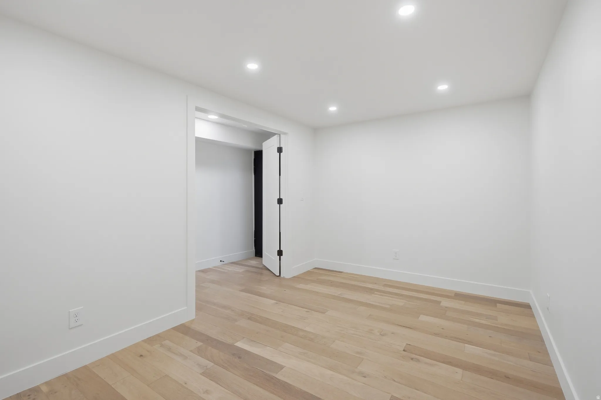 Recessed lighting illuminates the room, featuring light wood-finish flooring and a white paneled door